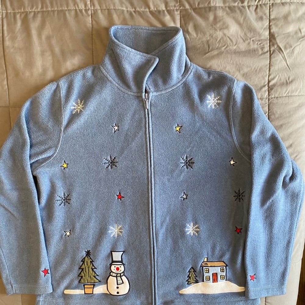 VTG Holiday Lodge Large Embroidered Snowman Winter Blue Fleece Zip Jacket 90s